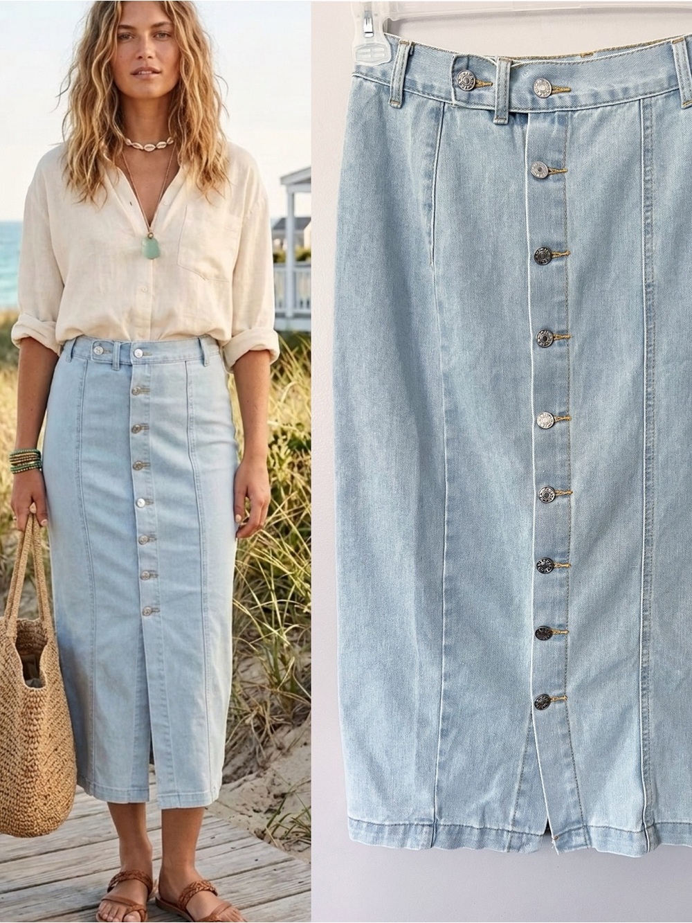 Lightwash Denim Straight Midi Jean Skirt XS Coastal Cowgirl Beachy Western Chic